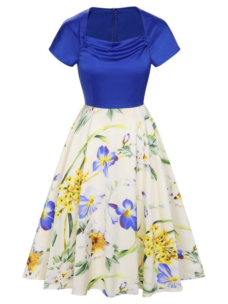 [Vorverkauf] 1950er Blumen Wasserfallausschnitt Patchwork Kleid