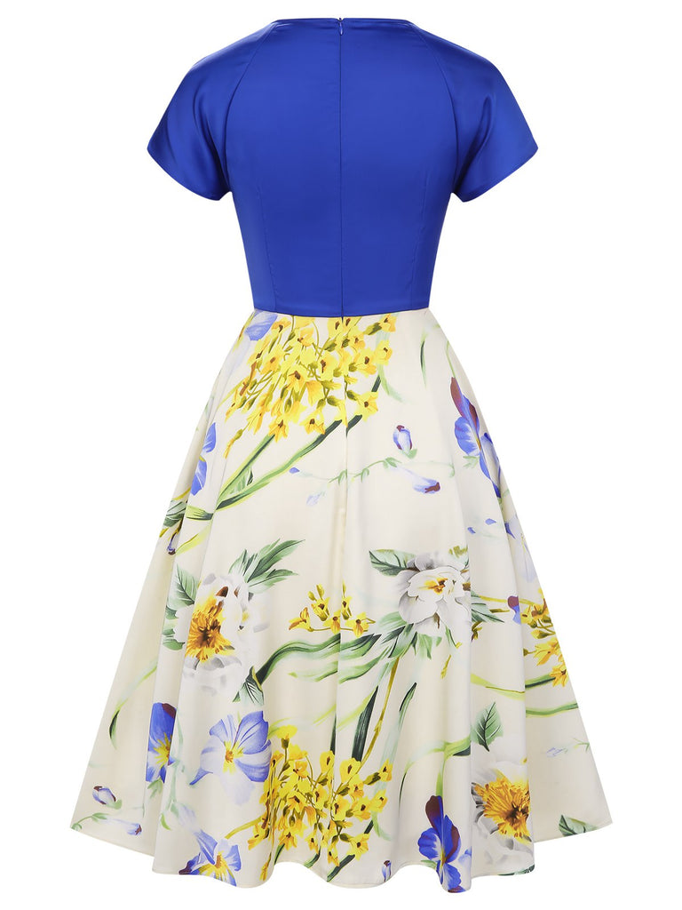 [Vorverkauf] 1950er Blumen Wasserfallausschnitt Patchwork Kleid