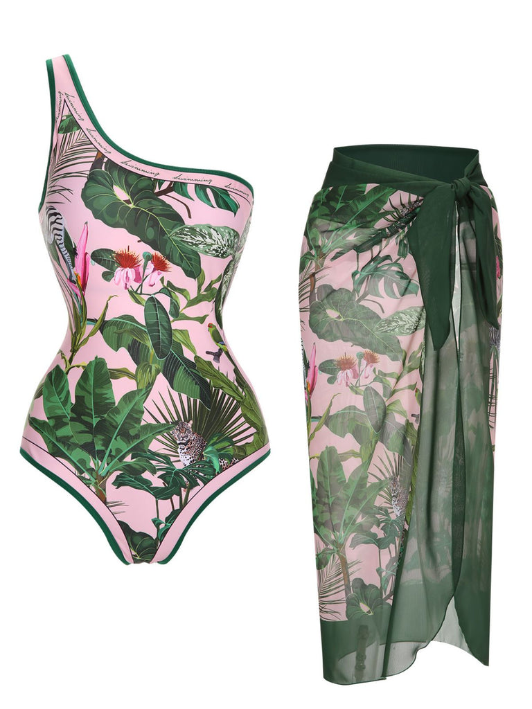 1960er Eine Schulter Tropisch Badeanzug & Cover-Up