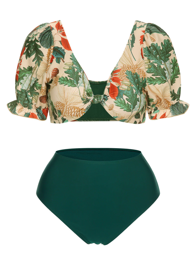 1950er Tropische Pflanze Patchwork Bikini Set & Cover-Up