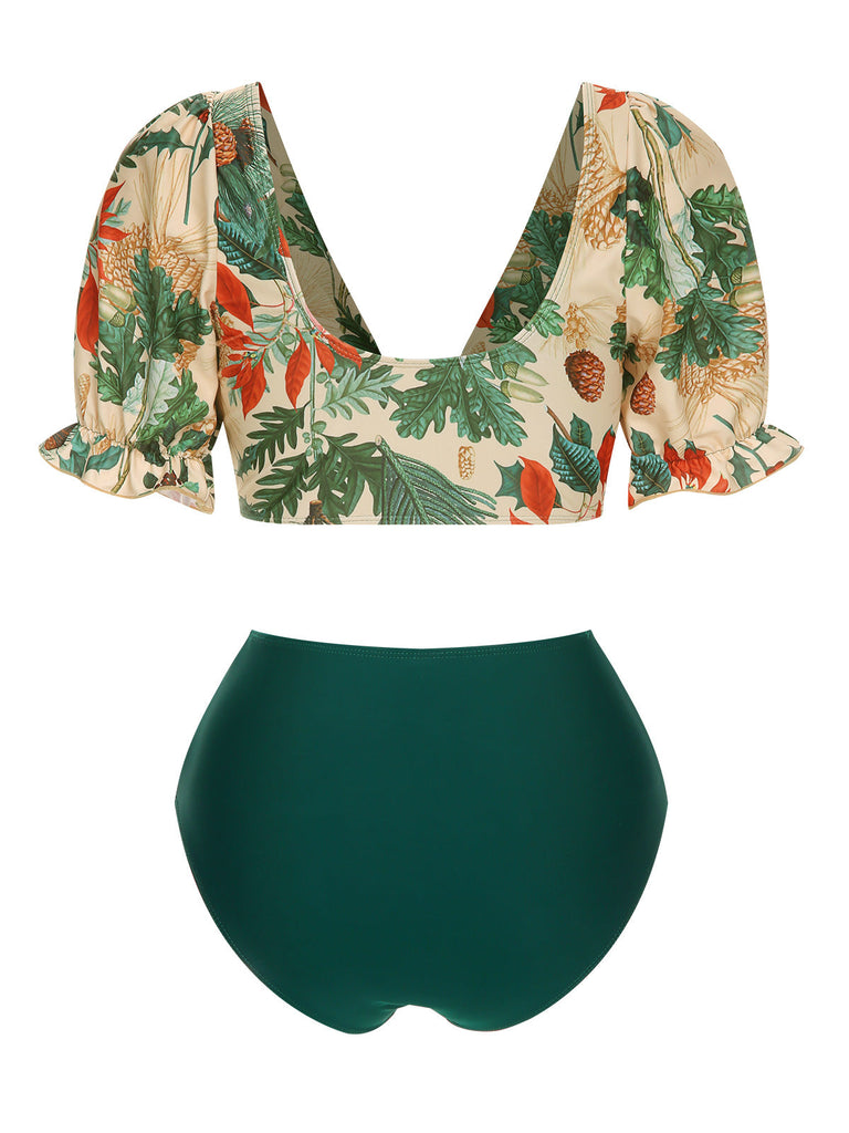 1950er Tropische Pflanze Patchwork Bikini Set & Cover-Up