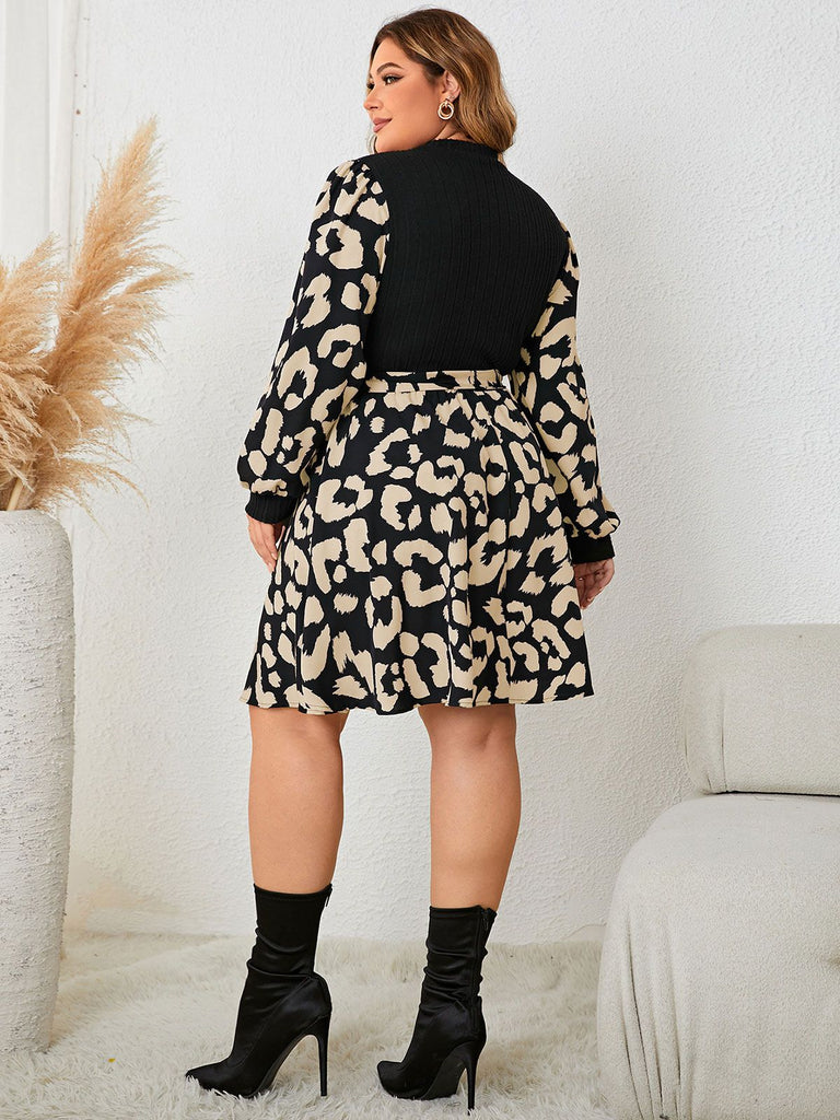 [Übergröße] Schwarz 1950er Leopard Patchwork Kleid