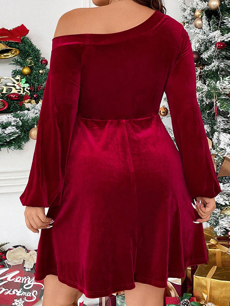 [Übergröße] Rot 1950er Solide One-Shoulder Samt Kleid