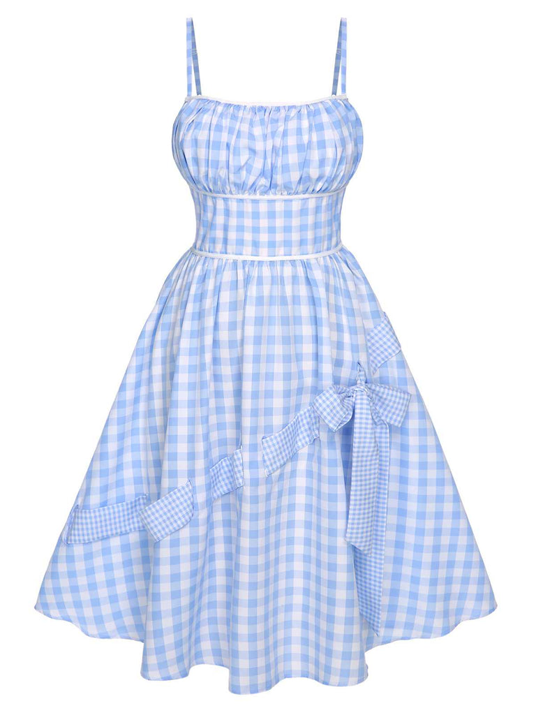 Blau 1950er Spaghettiträger Plaids Schleife Dekor Kleid
