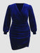 [Übergröße] Blau 1960er V-Ausschnitt Samtkleid