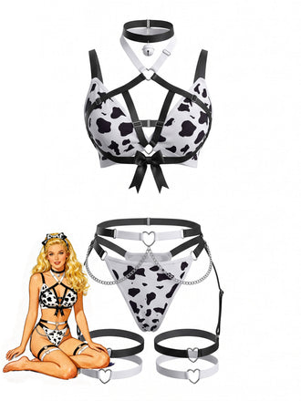 Schwarz-weißes 80er Dessous-Set mit Kuhprint und Kreuzträgern