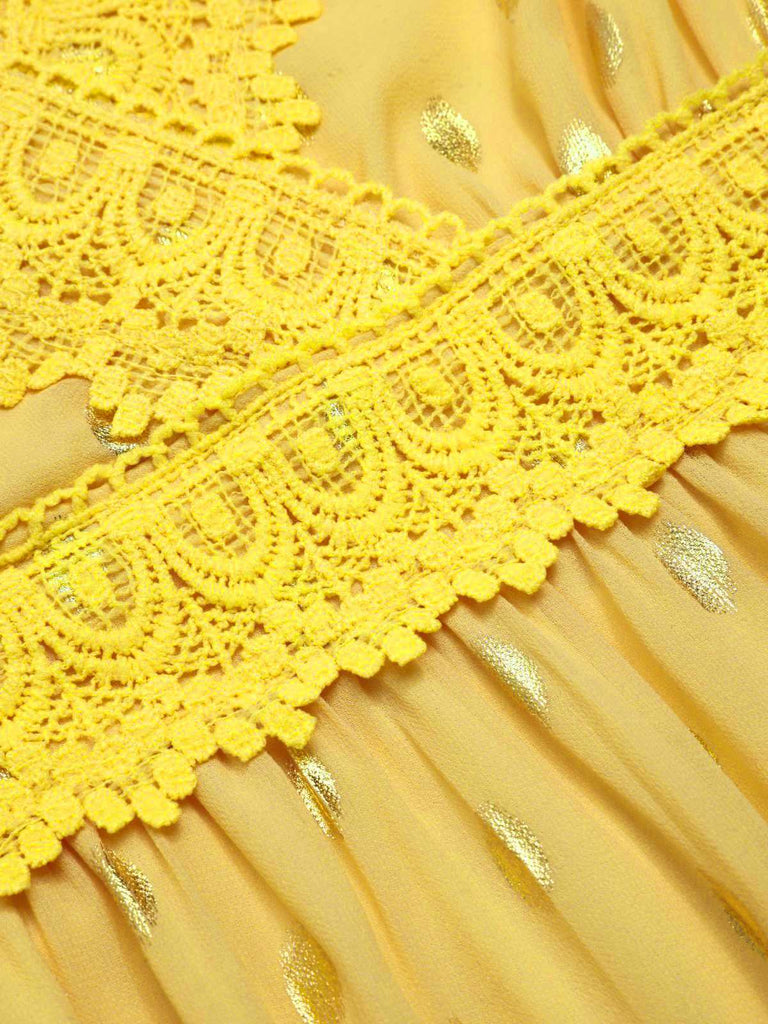 Gelb 1950er Spitze Patchwork Tupfen Kleid