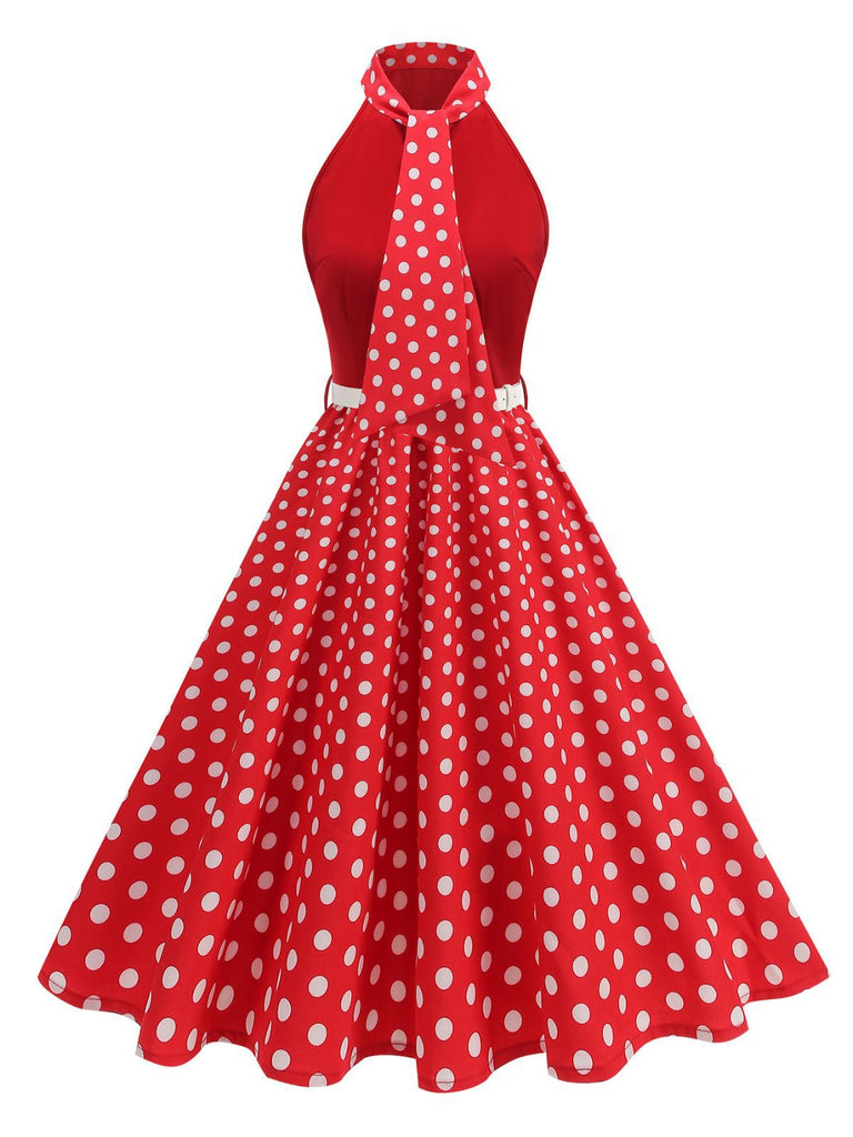 1950er Bogen Binde-Hals Polka Punkte Gürtel Kleid