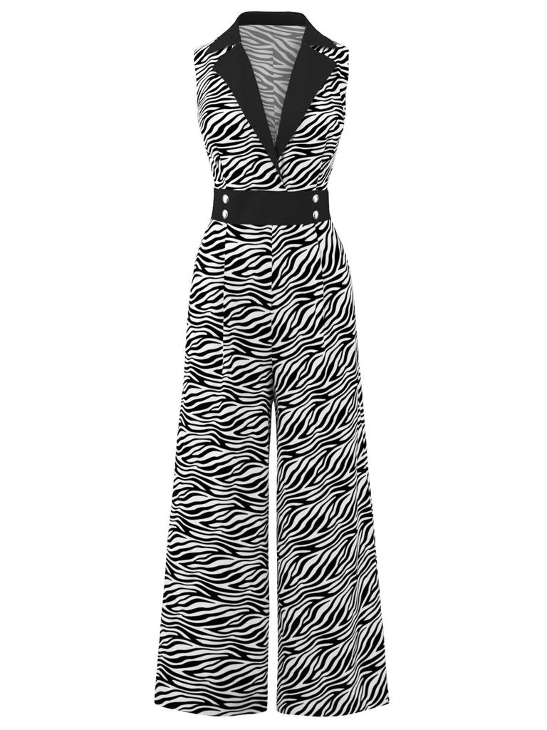 [Vorverkauf] 1930er Revers Zebra Streifen Ärmellos Jumpsuit