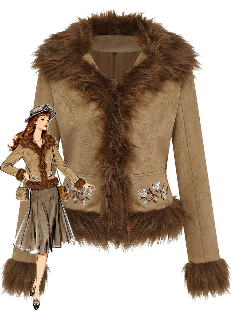 Braun 1970er Kunstwildleder Pelzbesatz Rose Bestickt Jacke