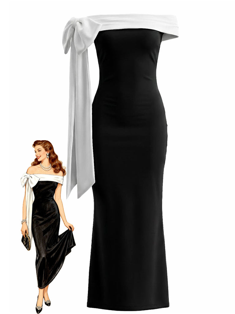 Schwarz 1930er Schulterfrei Schleife Körperbetont Maxi Kleid