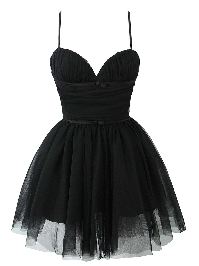 1970er Spaghetti Träger Bogen Tulle Kleid