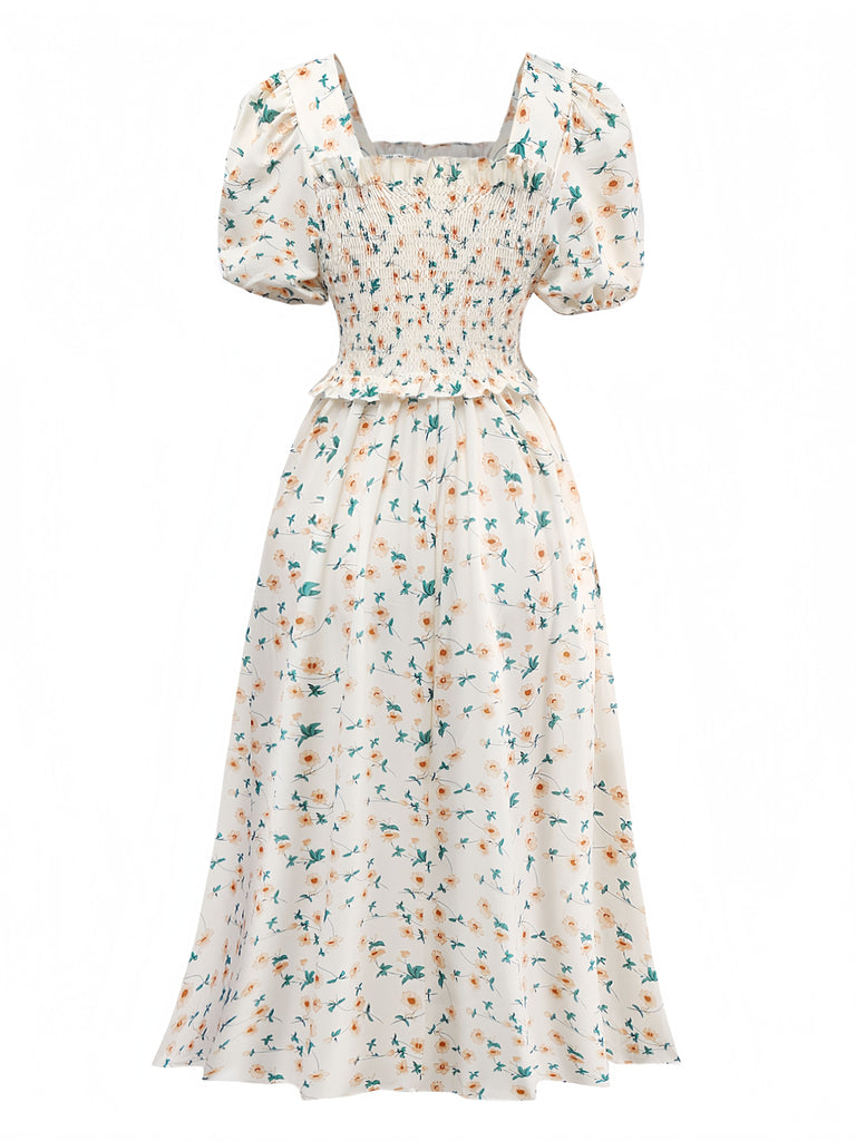 Gelb 1940er Blumen Quadratischer Hals Kleid