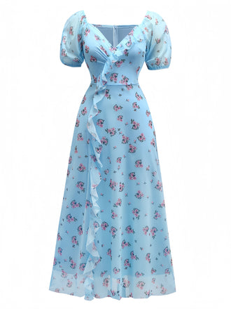 Blau 1930er V-Ausschnitt Rose Netz Rüschen Kleid