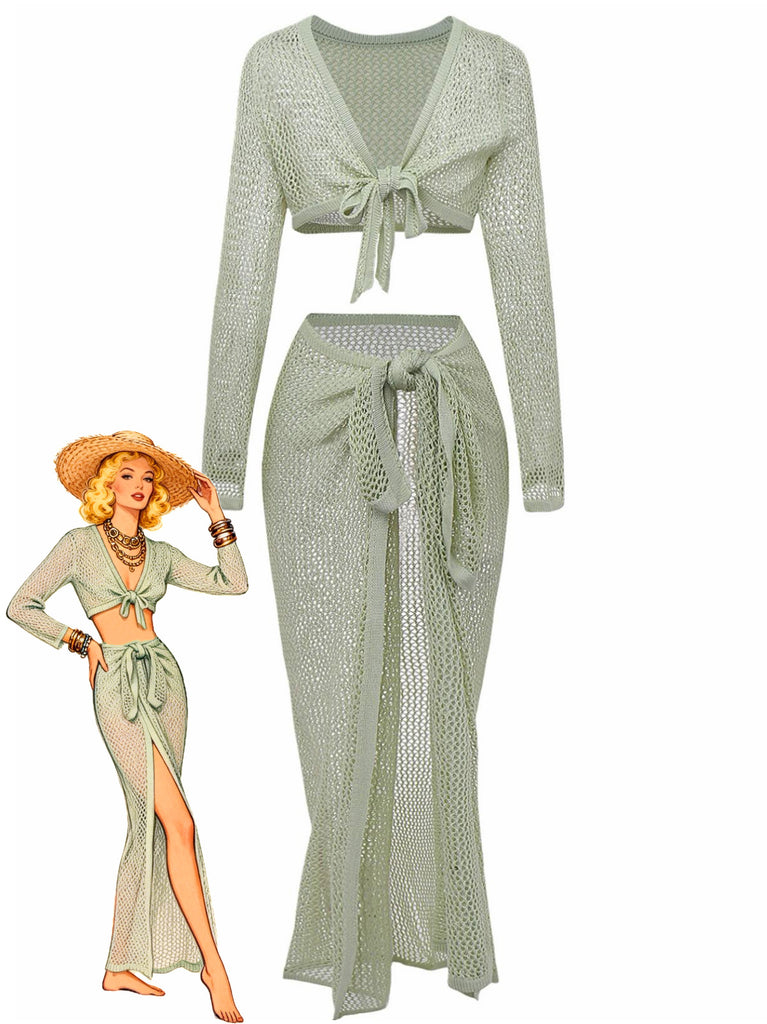 2PCS 1960er Häkel Langarm Strand Cover-Up Set
