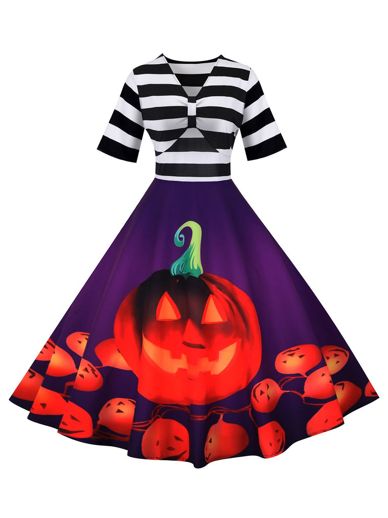 1950er Halloween Kürbis Streifen Patchwork Kleid