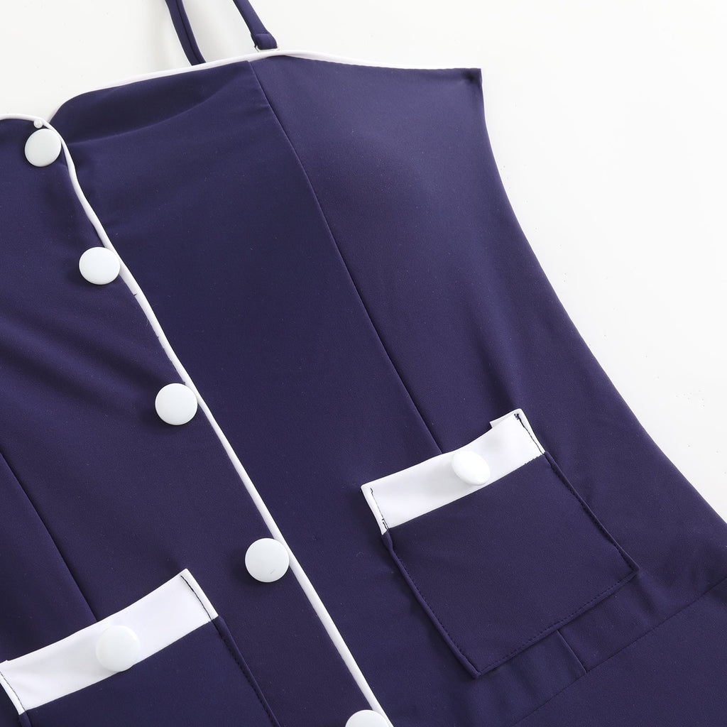 Dunkelblau 1940er Tasten Spaghetti Träger Badeanzug