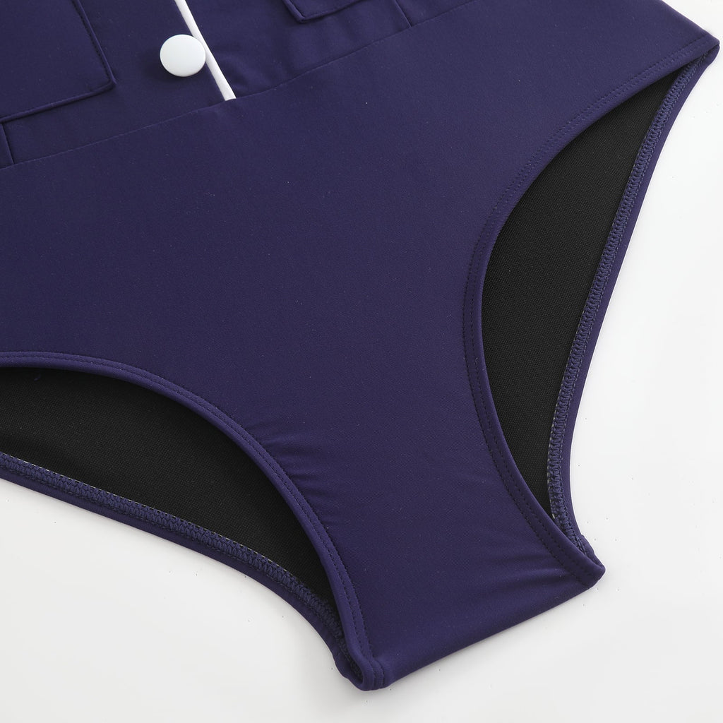 Dunkelblau 1940er Tasten Spaghetti Träger Badeanzug