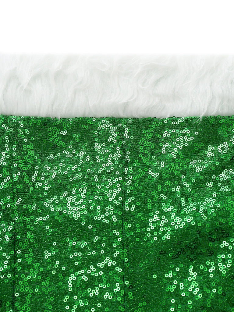 Grünes schulterfreies 80er Weihnachts-Paillettenkleid mit weißem Kunstpelzbesatz
