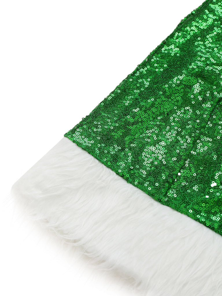 Grünes schulterfreies 80er Weihnachts-Paillettenkleid mit weißem Kunstpelzbesatz