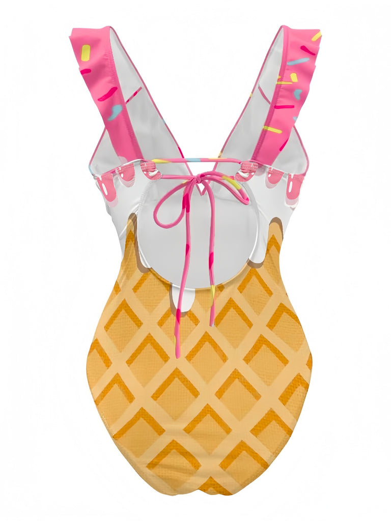 Rosa 1970er Rüschen Zurückbinden Eiscreme Badeanzug