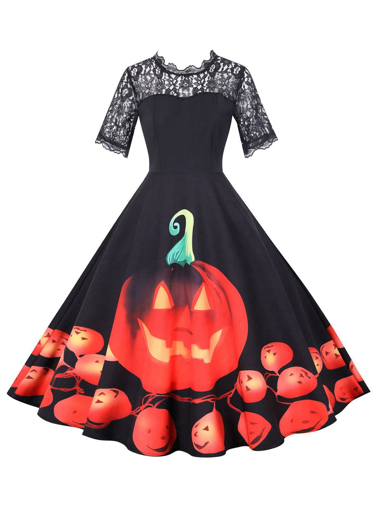 Schwarz 1950er Halloween  Kürbis Spitze Ärmel Patchwork Kleid