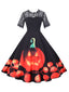 Schwarz 1950er Halloween  Kürbis Spitze Ärmel Patchwork Kleid