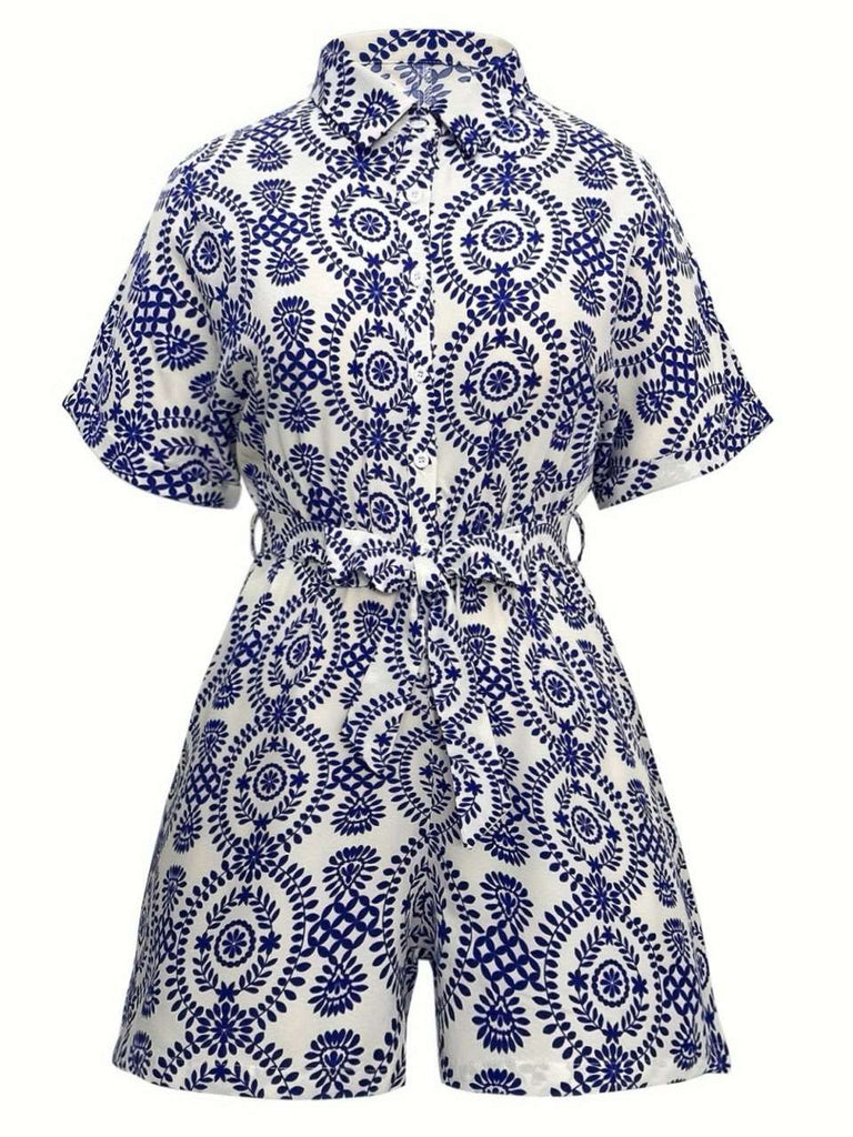 [Übergröße] Blau 1940er Porzellandruck Revers Romper