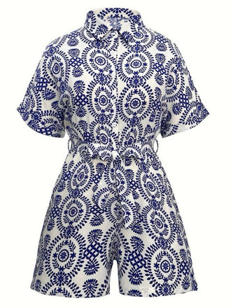 [Übergröße] Blau 1940er Porzellandruck Revers Romper