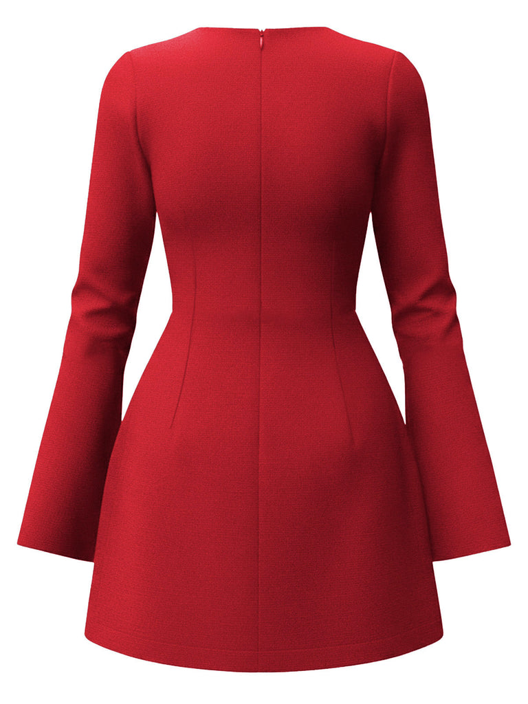 1960er Solide Langarm Faux Taschen Kleid