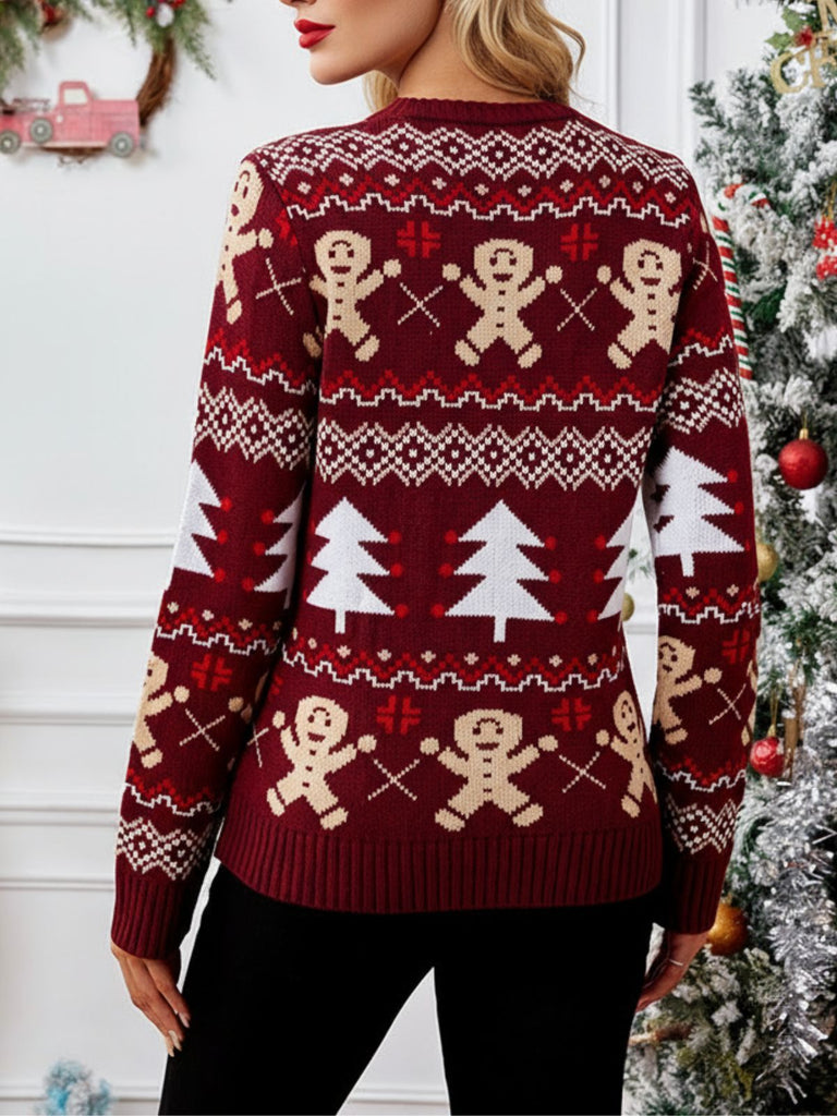 Rot 1960er Weihnachtsbaum & Lebkuchen Pullover