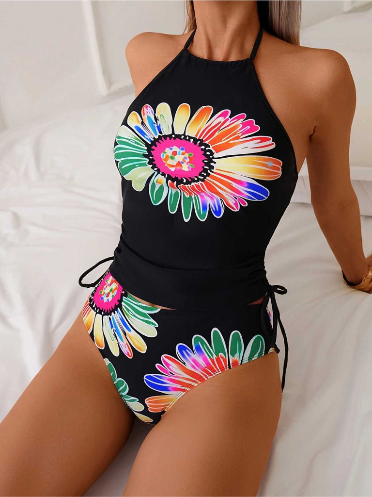 1960er Halter Neon Daisy Schnürung Tankini Set