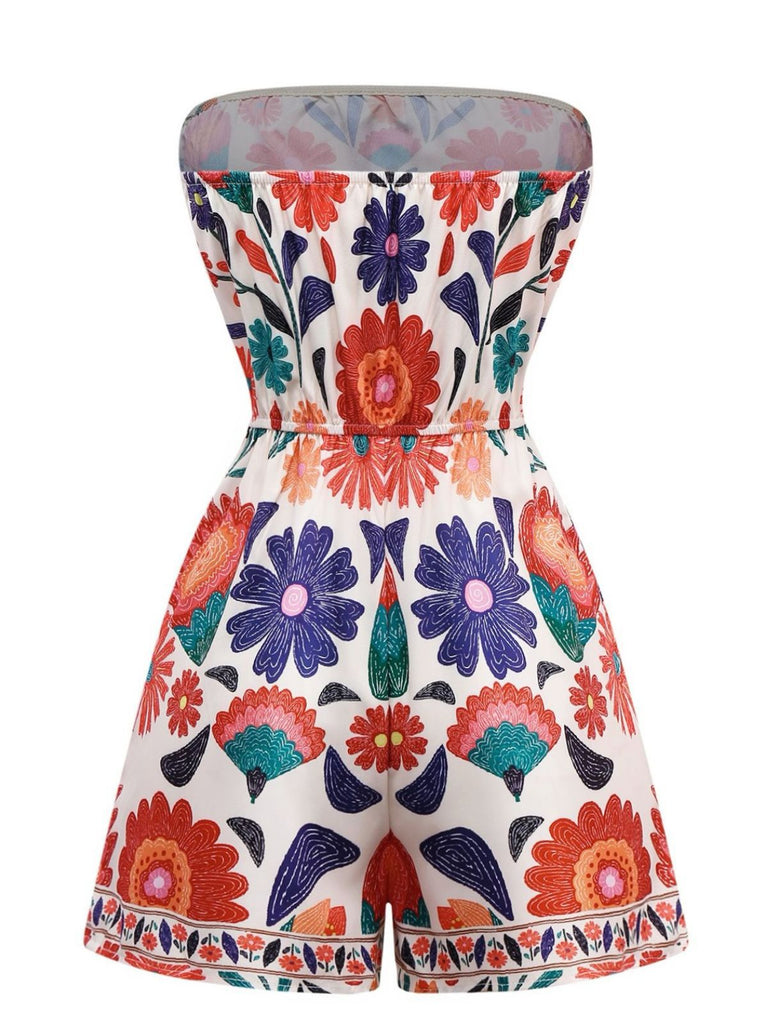 Multicolor 1960er Blumen Bandeau Rückenfrei Romper