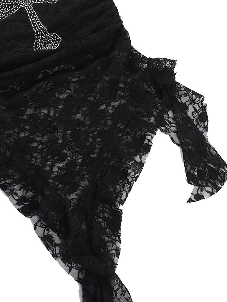 Schwarz 1980er Kreuzen Strassstein Spitze Trägerlos Tank Top