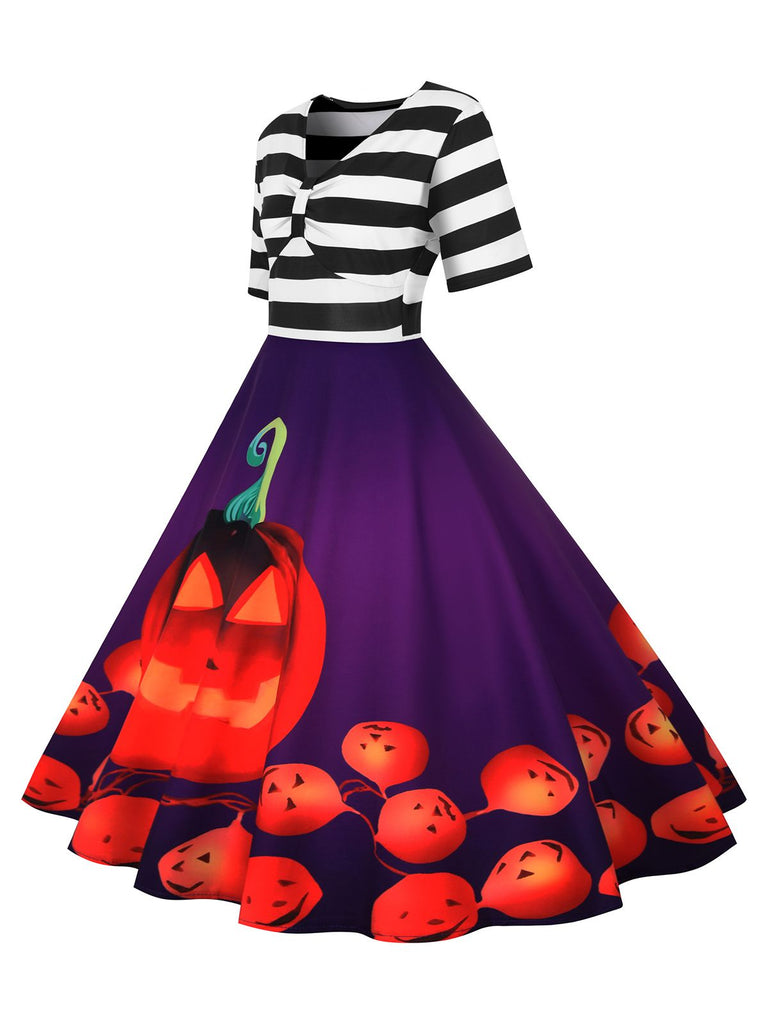 1950er Halloween Kürbis Streifen Patchwork Kleid