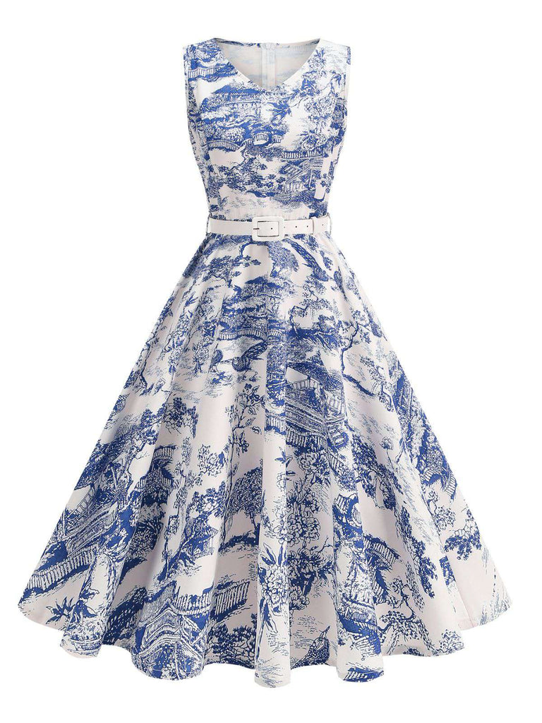 1950er Porzellan Landschaft Ärmellos Gürtel Kleid