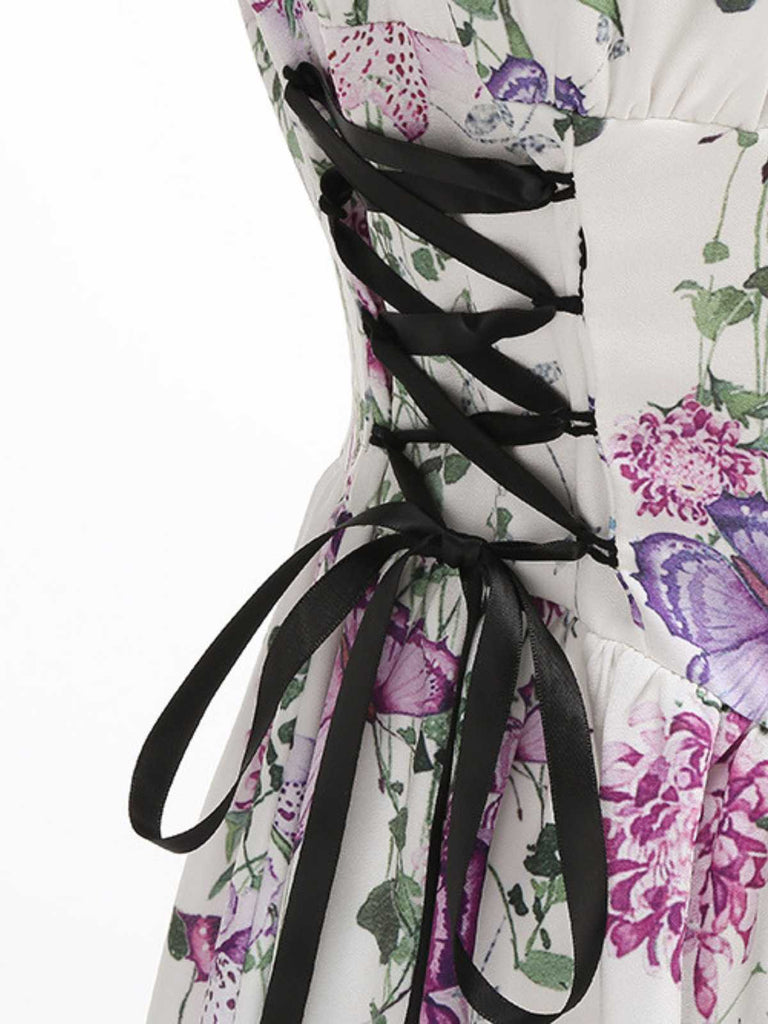 1950er Träger Blumen Schmetterlinge Schnürung Korsett Kleid