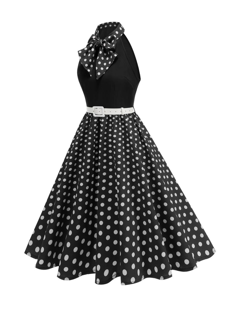 1950er Bogen Binde-Hals Polka Punkte Gürtel Kleid