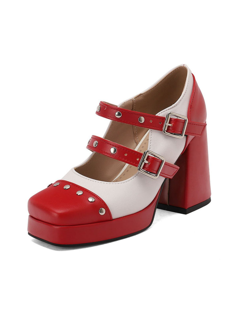Mary Jane Nieten Quadratisch Zehenbereich Block Absatz Schuhe