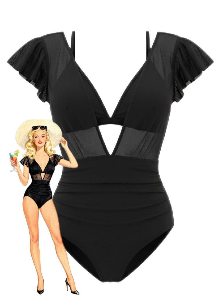 1960er Solide Netz Tiefer Ausschnitt Bikini Set & Cover-Up