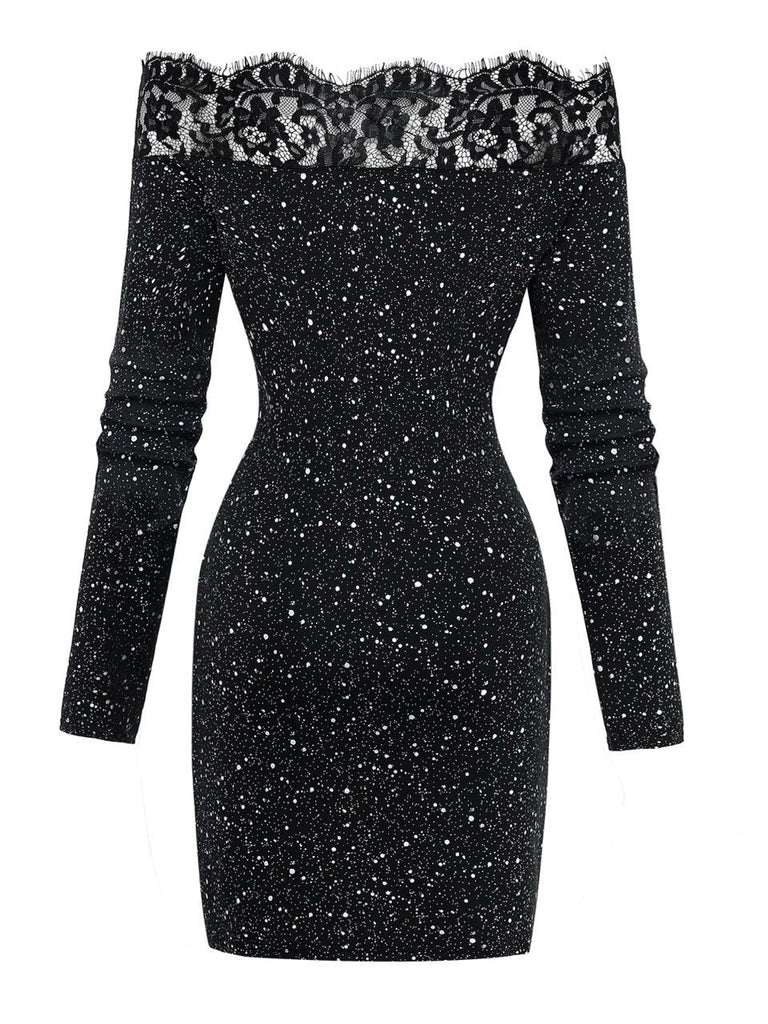 Schwarz 1980er Spitze Schulterfrei Silber Spritzer Enges Kleid