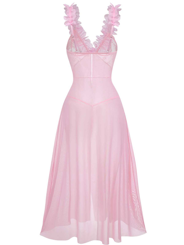 Rosa 1930er 3D Blumen Durchsichtig Netz Spitze Dessous Set