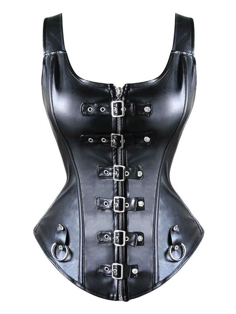 Schwarz 1970er Square Neck Leather Steampunk Top