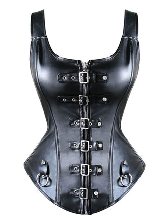 Schwarz 1970er Square Neck Leather Steampunk Top