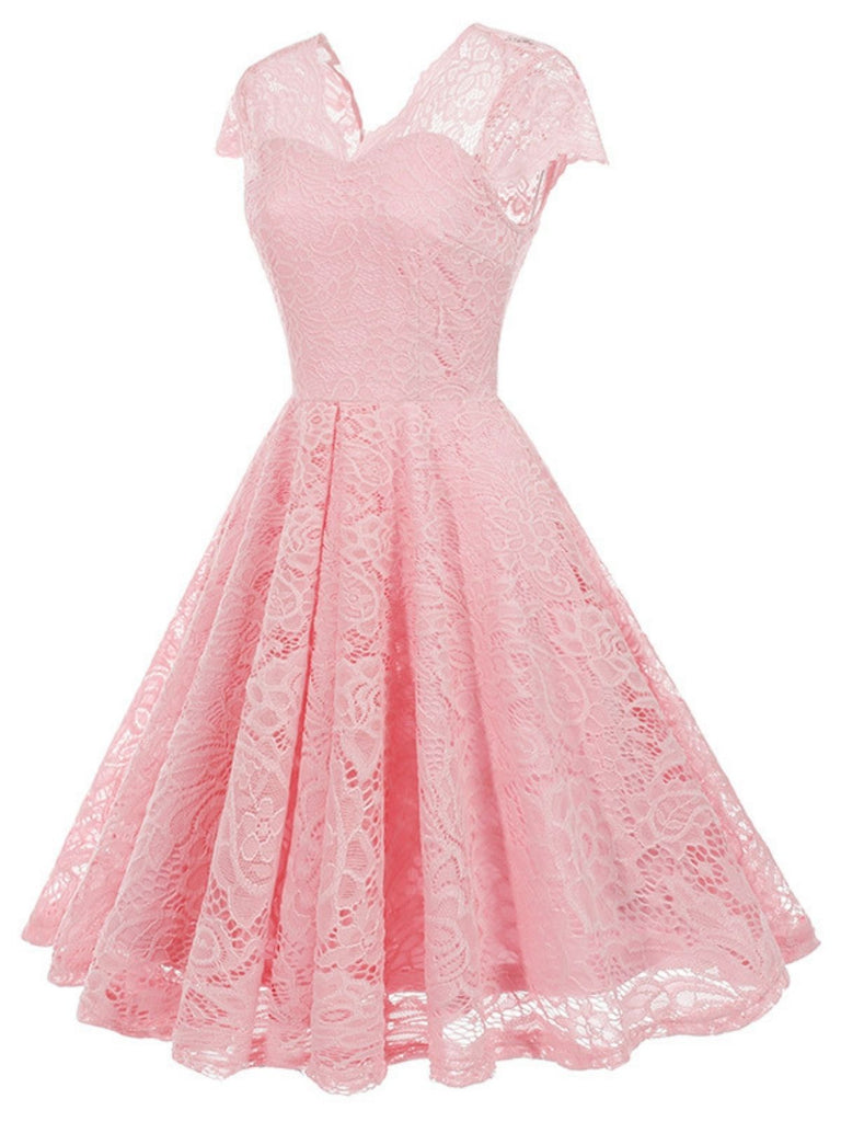 1950er Solide V-Ausschnitt Ärmellos Spitze Kleid