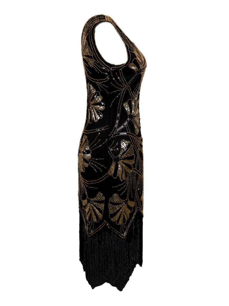 1920er V-Ausschnitt Pailletten Perlenbesatz Flapper Kleid