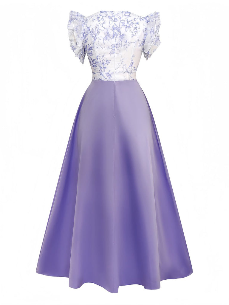 1930er Blumen Rüschenärmel V-Ausschnitt Patchwork Kleid