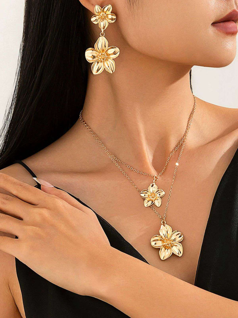 Blumen Doppelte Schlüsselbeinkette & Ohrringe Set