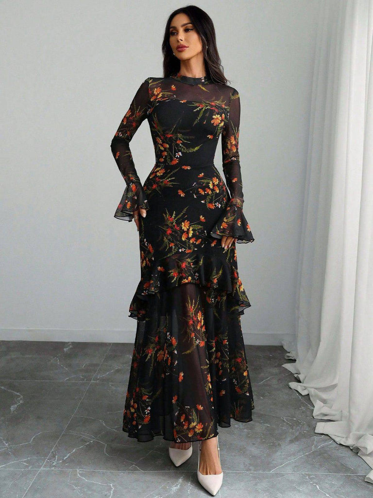 Schwarz 1930er Blumen Netz Rüschen Maxi Kleid