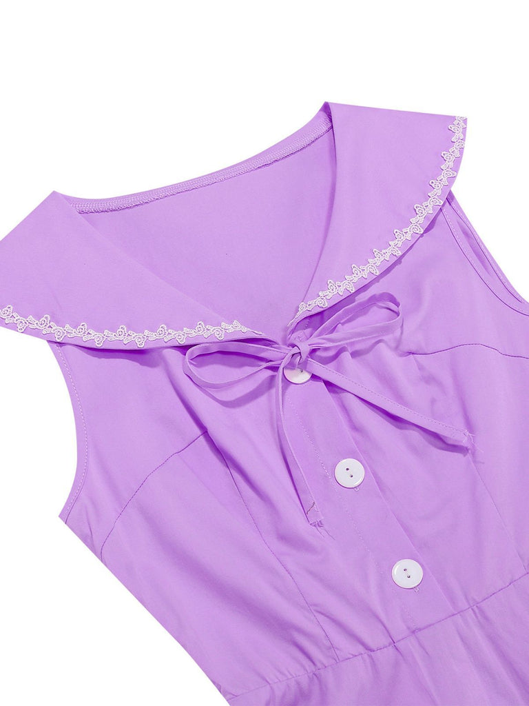 1950er Solide Matrosen Kragen Schleife Ärmellos Kleid